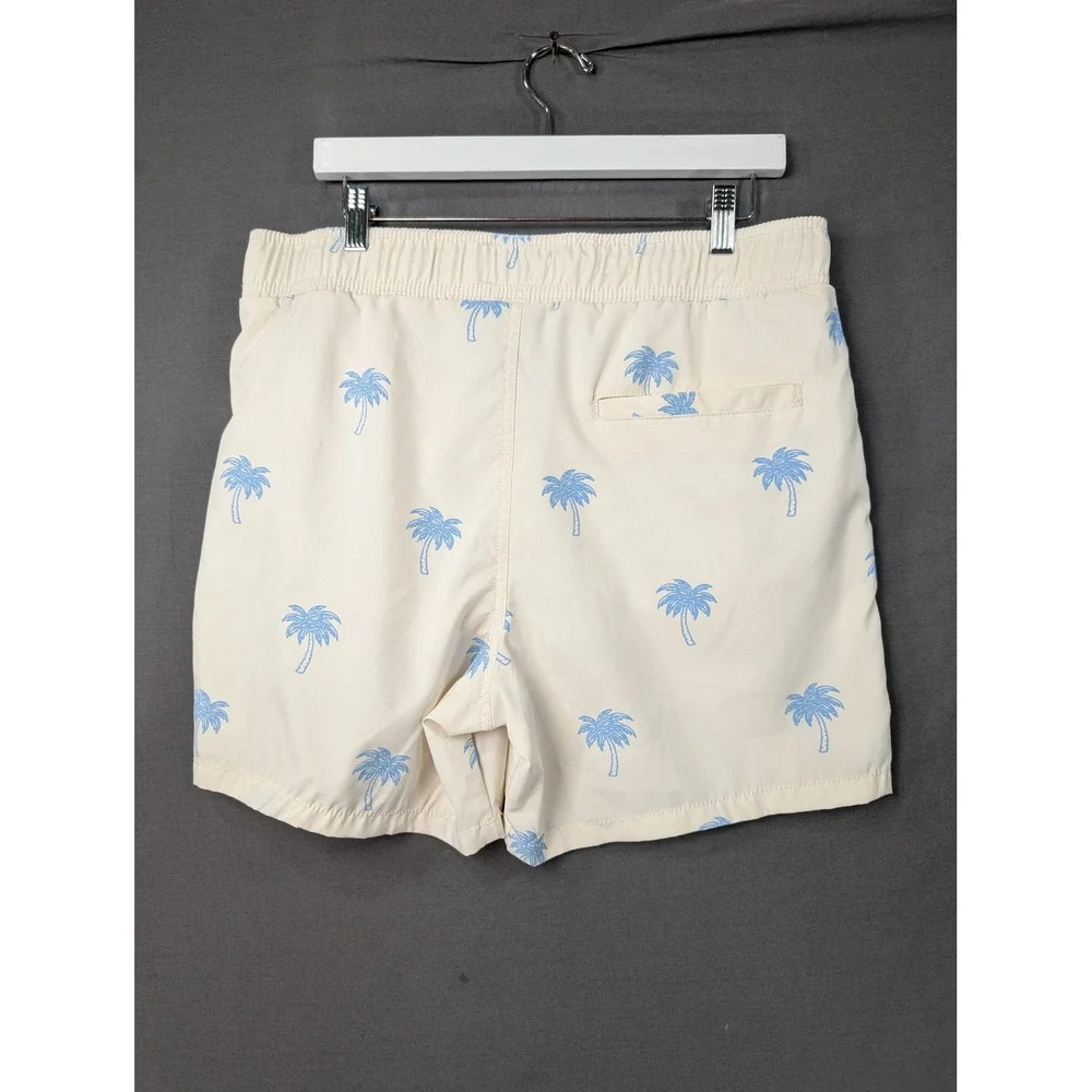 Malibu Drill Clothing Co Mens Palm Tree Swim Trunks Beige Blue Large